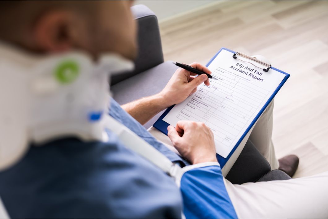 man in neck brace filling out paperwork for work comp